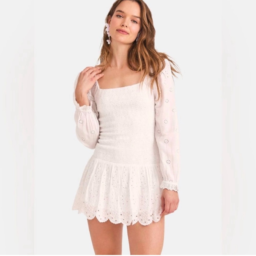 Loveshackfancy Jayce White Smocked Lace Mini Ruffle Dress Size small New